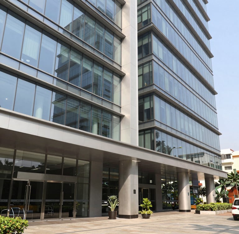 Modern sunlit corporate office lobby in Bengaluru, architectural glass, professional environment, bright daylight