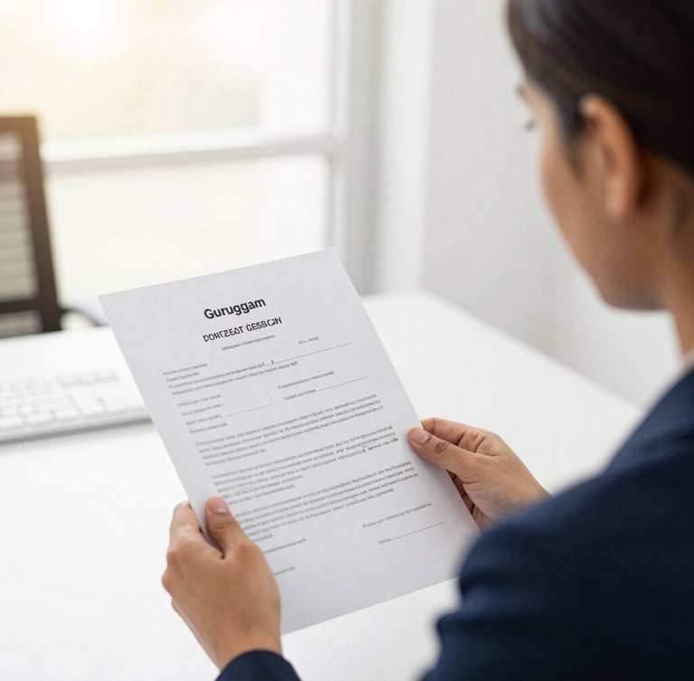 Over-the-shoulder view of a corporate secretary reviewing official incorporation documents in a bright Gurugram office, warm daylight, sharp focus