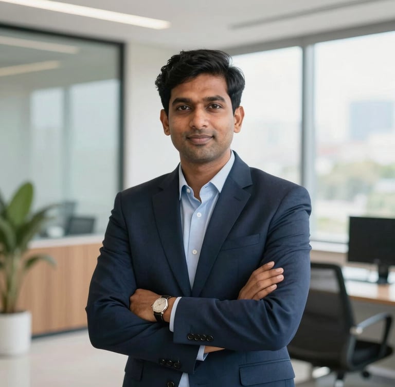 Authentic portrait of a professional financial advisor in a modern Indian office, bright natural daylight, corporate navy tones, 35mm lens.