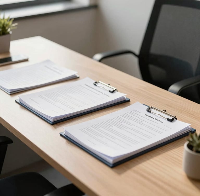A clean, modern corporate workspace in Bengaluru, warm natural light, organized documents on a sleek desk, 35mm lens