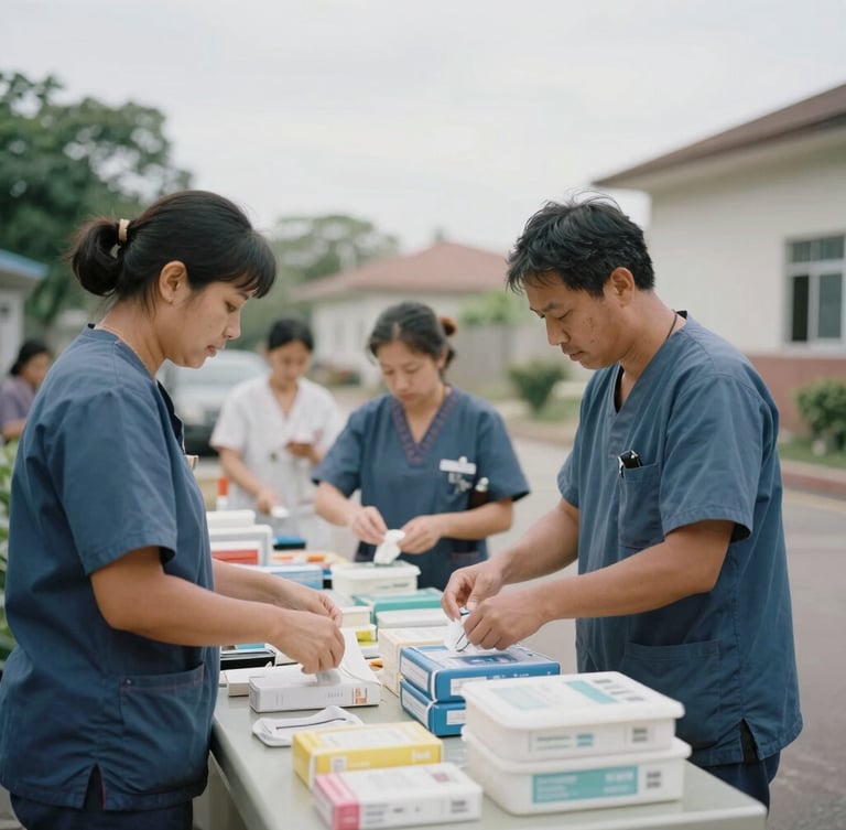 Documentary-style editorial photography of a local community clinic in natural overcast daylight, local healthcare workers organizing medical supplies, 35mm