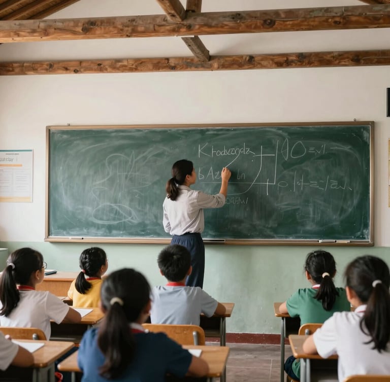 A documentary shot of a bright classroom with wooden rafters, local teacher writing on a clean chalkboard, children looking attentively, natural overcast daylight, 35mm.