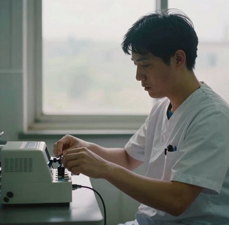 Medium close-up of a healthcare worker in a simple, naturally lit clinic adjusting medical equipment, documentary-style, overcast daylight, muted tones, 35mm.