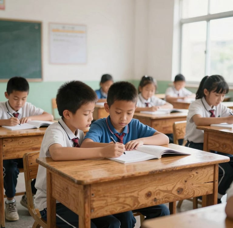 A natural light, wide environmental shot of a local classroom, children collaborating at wooden desks under soft overcast daylight, authentic documentary style, 35mm.