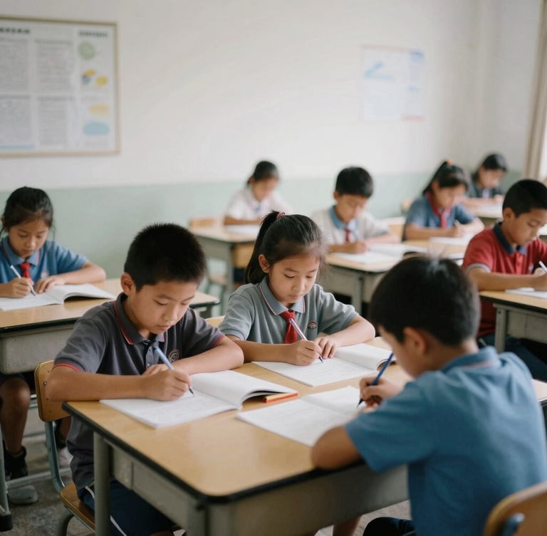 A wide documentary-style 35mm photo of a local classroom in natural overcast daylight, children engaged in collaborative work, muted organic tones, authentic framing.