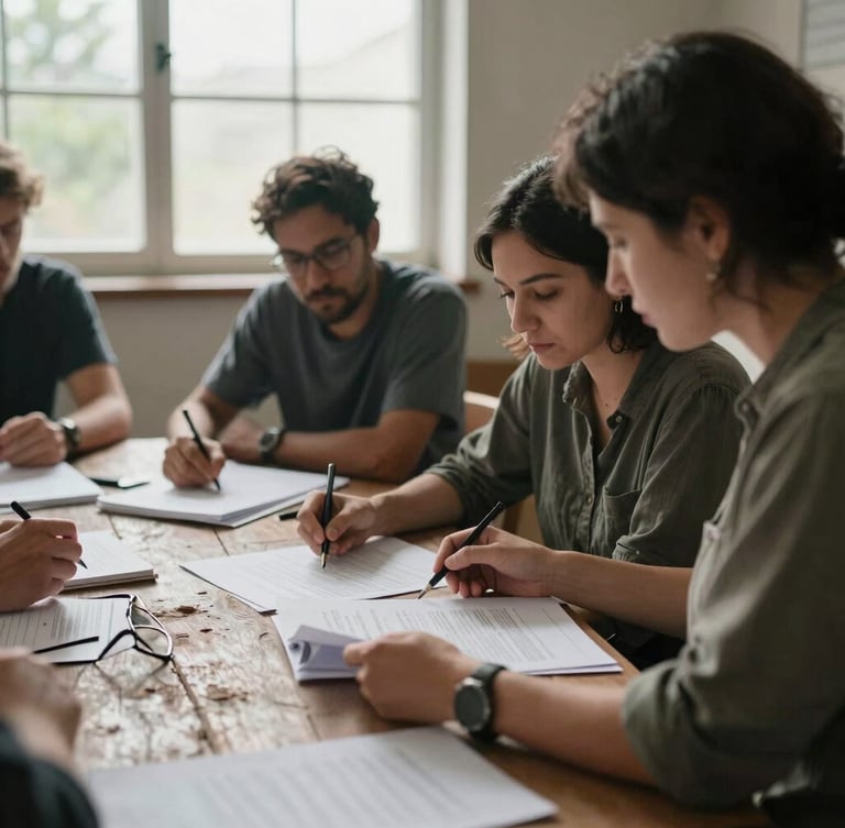 A medium close-up of collaborative teacher training workshop, teachers reviewing curriculum materials on a rustic table, natural window light, muted organic tones, 35mm.