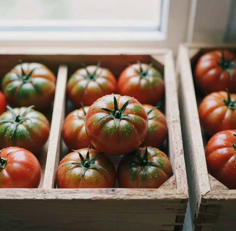 Overhead flat-lay of heirloom tomatoes in rustic wooden crates, soft daylight, shallow depth of field, 35mm film.