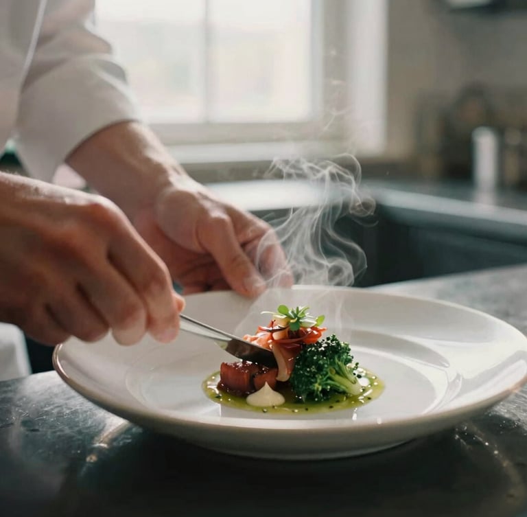 Close-up of chef hands plating a delicate Scandinavian dish, steam rising under warm kitchen window light, shallow depth of field, 35mm film style.
