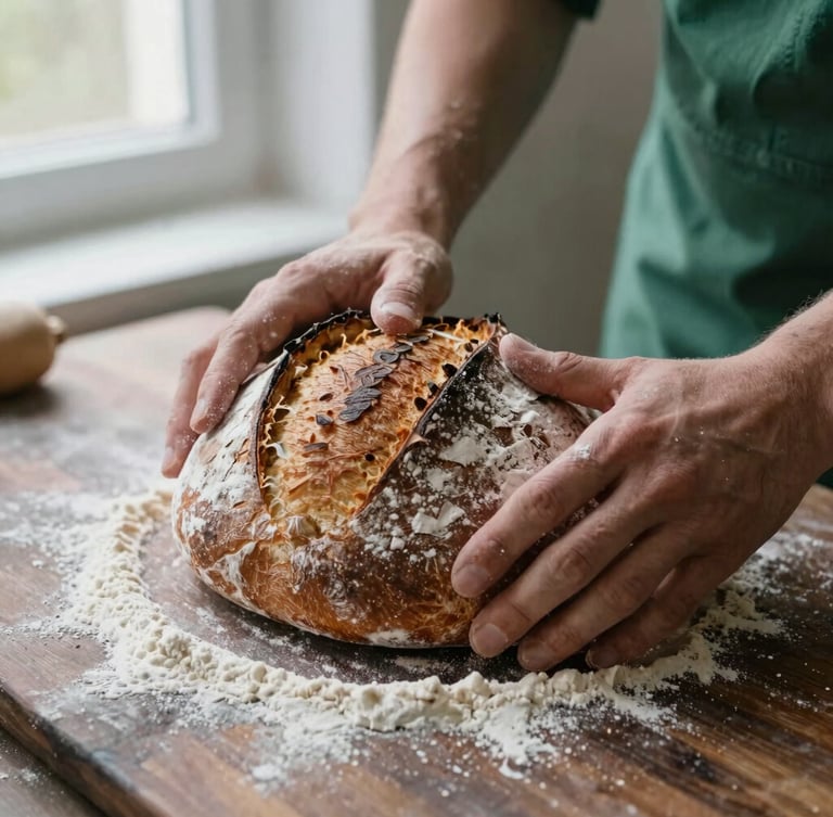 Close-up overhead shot of rustic sourdough bread preparation, flour dusted over dark wood, hands shaping dough, soft Scandinavian morning light