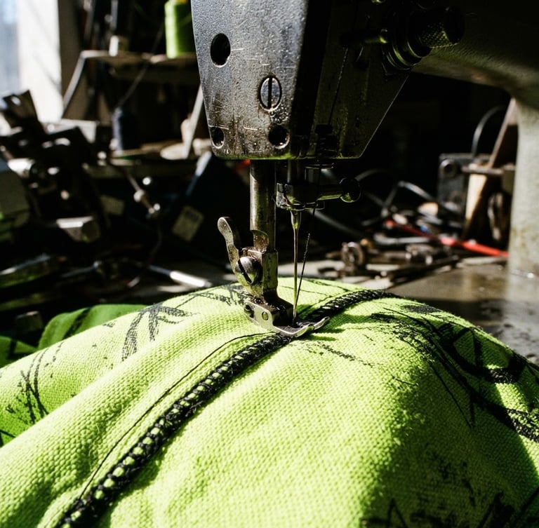 Close-up of industrial sewing machine stitching thick black thread into a neon green sublimated fabric, harsh direct sunlight, raw texture, gritty urban style