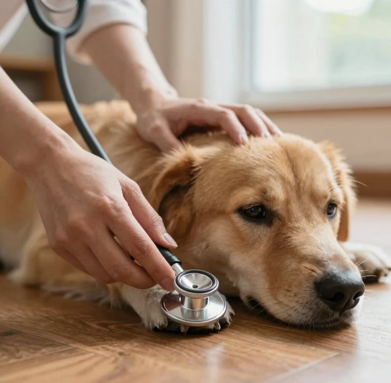 Warm editorial close-up of gentle hands holding a stethoscope against a calm dog resting on a wooden floor, soft daylight, shallow depth of field.