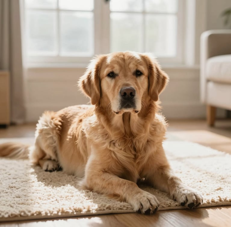 A calm golden retriever lying relaxed on a warm cream living room rug, soft morning window light, gentle domestic setting, warm editorial photography, shallow depth of field