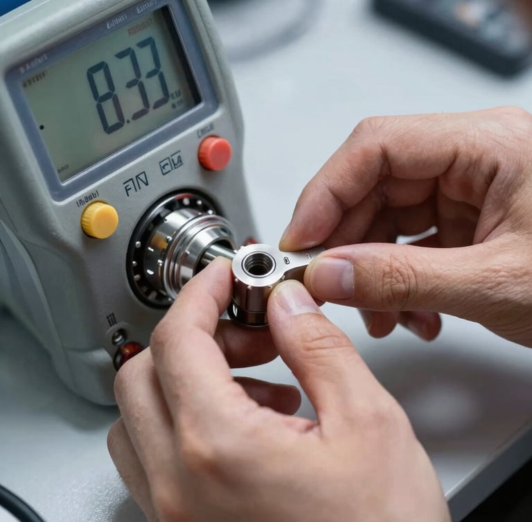 Macro close-up of an engineer's hands adjusting a precision instrument on a calibration bench, digital meter display showing crisp readouts, cool studio lighting, sharp details on metallic tools