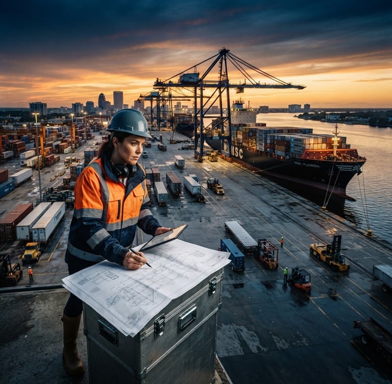 Wide panoramic Jacksonville deepwater port at dawn, container ships docked, crisp morning light, high-contrast, deep navy and gold tones, 35mm, logistics coordinator analyzing schematics in foreground off-center left.