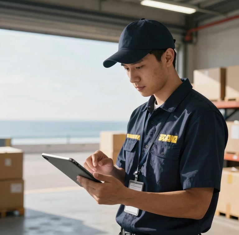 Logistics coordinator analyzing a detailed shipping manifest on a tablet, crisp morning light, high-contrast, deep navy and gold tones, 35mm, in a modern, clean warehouse interior.