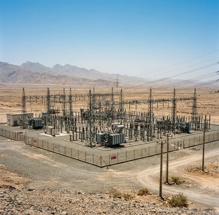 Wide environmental shot of an electrical substation in the Omani desert, harsh midday sun, heat distortion visible on the horizon, sharp architectural framing.