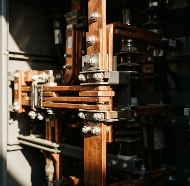 Macro architectural detail of heavy copper electrical busbars inside an industrial switchgear cabinet, dramatic side lighting casting sharp shadows, technical precision, 35mm lens