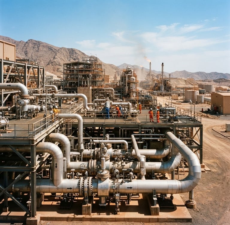 Wide environmental shot of a heavy industrial facility in Oman under harsh daylight, massive steel pipe manifolds with clean welds, architectural framing