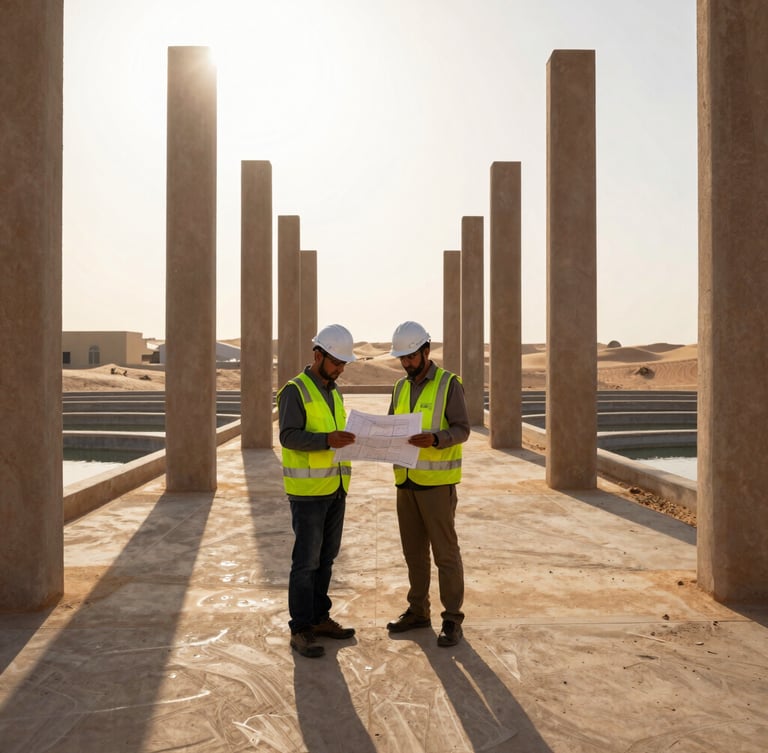 An Omani engineer in high-visibility gear and a hard hat reviewing physical blueprints on-site at a water treatment facility, dramatic late-afternoon desert sun casting long shadows, sharp focus, 35mm lens.