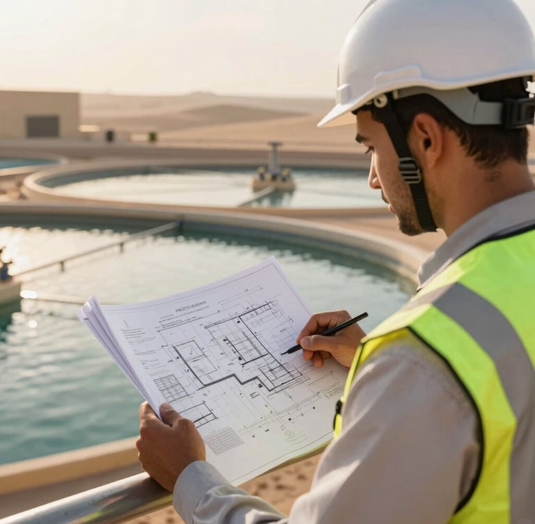 Close-up of a certified Omani engineer in high-visibility gear and a hard hat, reviewing technical blueprints on-site at a water treatment plant, warm late-afternoon sun.