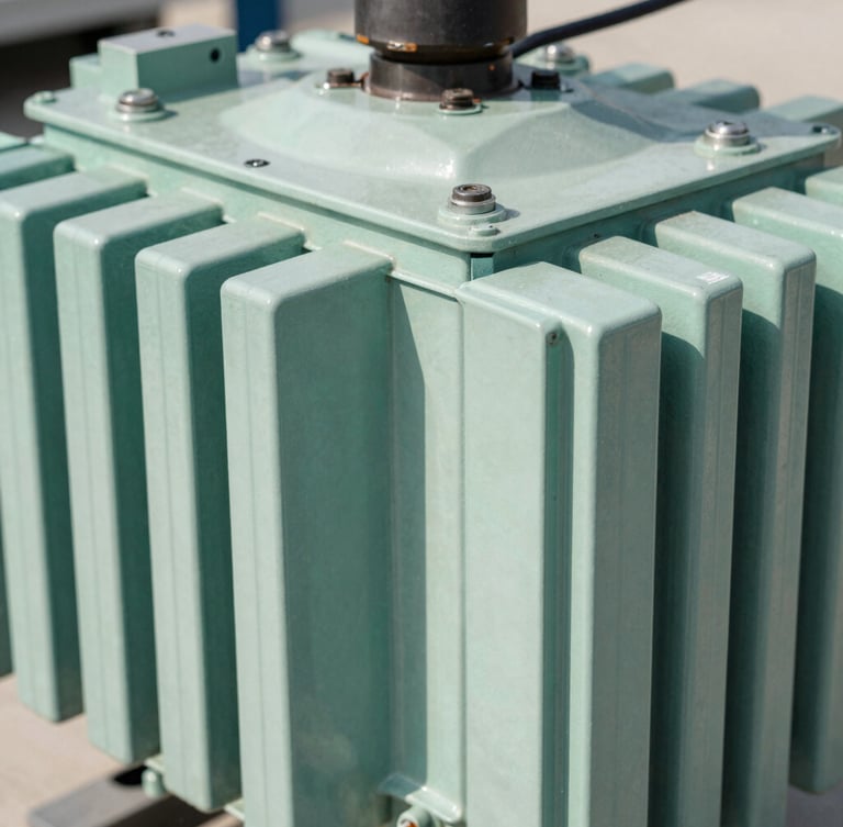Macro technical close-up of a large green pedestal transformer unit, clean metal enclosure, high-contrast cool tones, bright natural daylight.