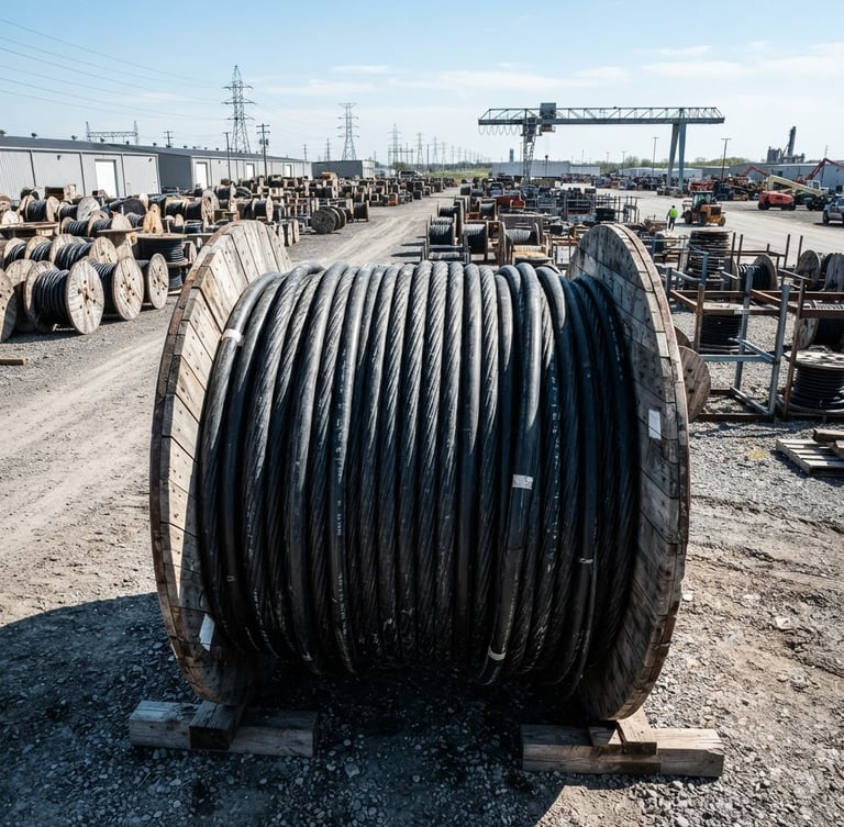 Wide industrial shot of a massive wooden cable drum wrapped in high-voltage insulated cable, outdoor storage yard under sharp daylight, crisp technical details.