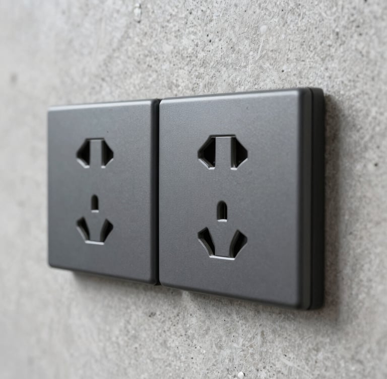 Close-up of modern matte dark gray electrical outlets and switches installed on a concrete texture wall, sharp focus, architectural lighting, industrial design detail