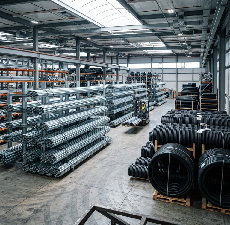 Wide environmental shot of stacked heavy-duty galvanized steel conduit pipes and corrugated HDPE pipe rolls in a bright, clean industrial warehouse, high-contrast cool tones, 35mm lens.