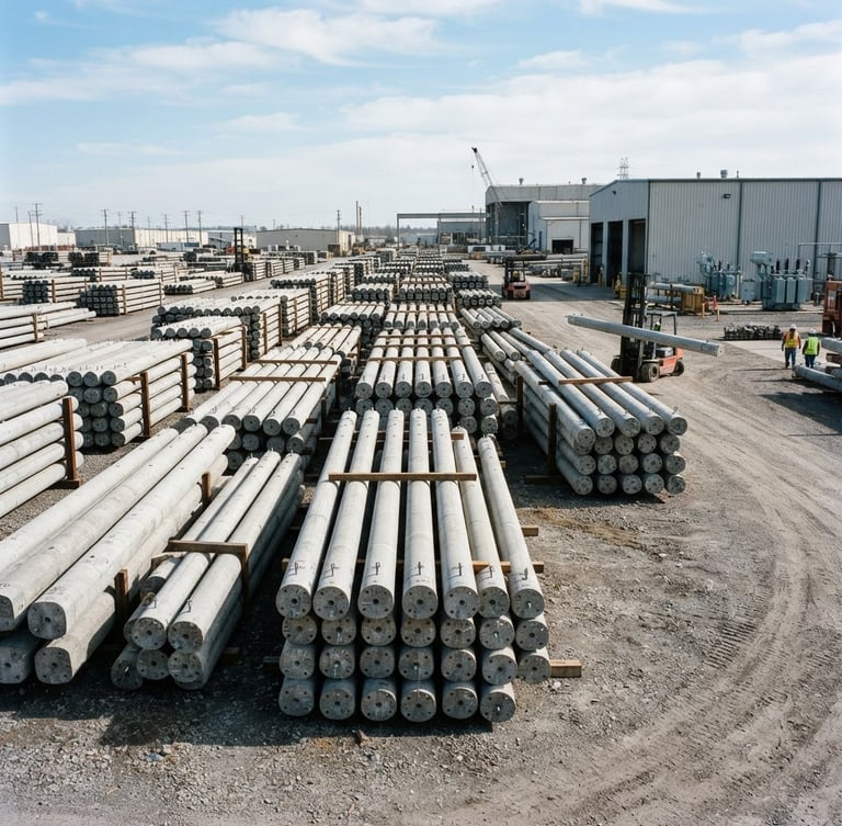 Wide environmental shot of heavy concrete utility poles stacked in an organized industrial yard under bright daylight, sharp industrial details, 35mm lens