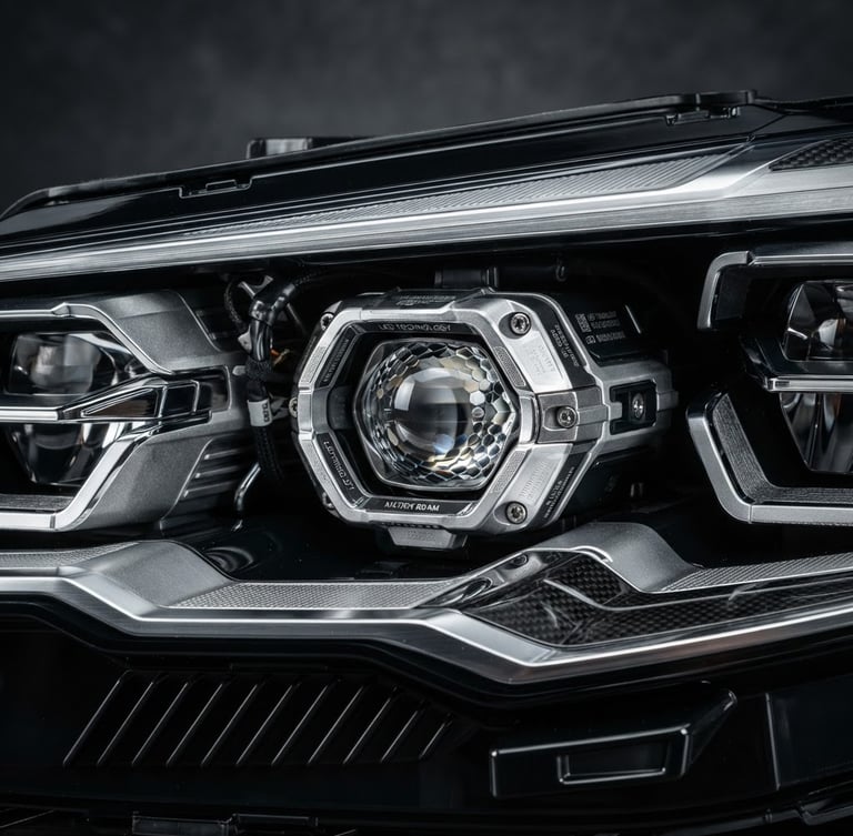 Premium macro product photography of a pristine car headlamp, crisp studio strobe lighting, high-contrast dark grey background, sharp metallic textures