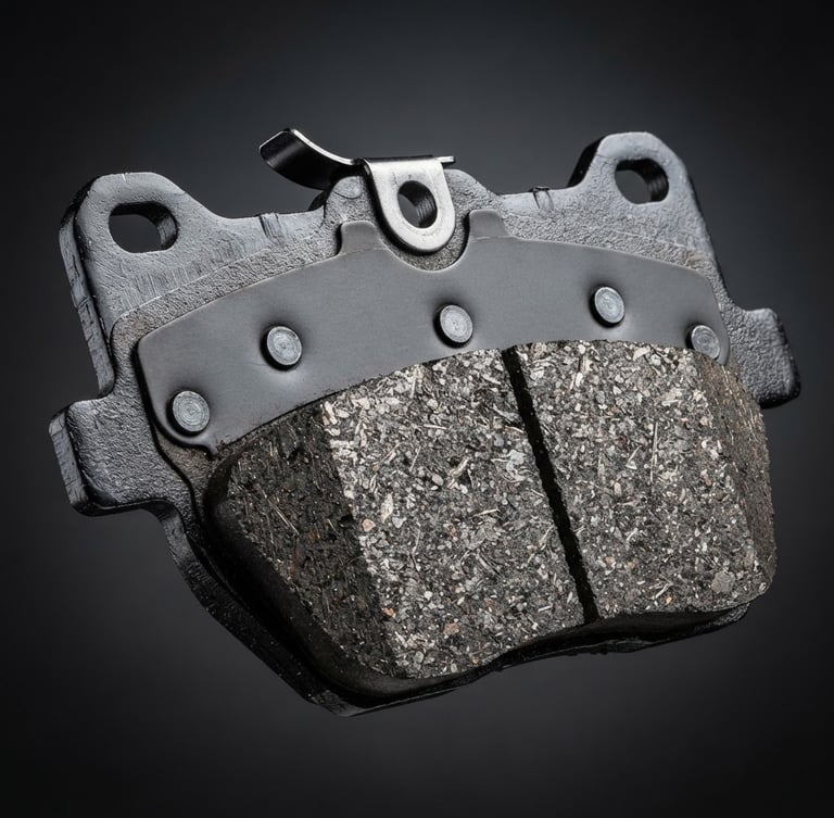 Macro close-up of a pristine metallic brake pad, studio strobe lighting, high-contrast dark grey background, sharp metallic textures, macro lens