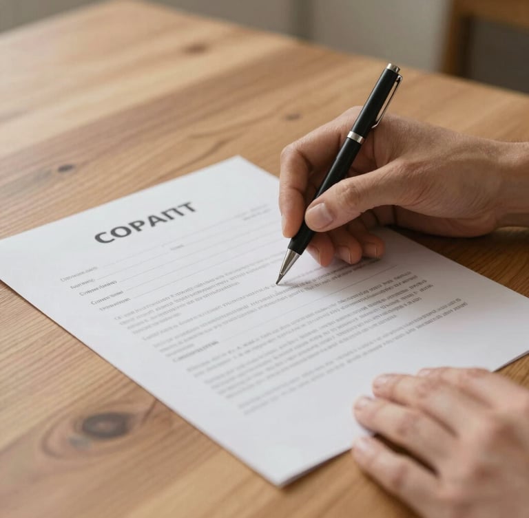Close-up of hands reviewing a clean, simple property contract on a warm oak table, soft side lighting, 35mm lens