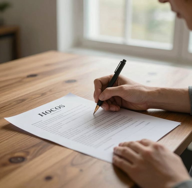 Close-up of hands signing a clean real estate purchase contract on a warm wooden table, soft natural window light, professional and reassuring