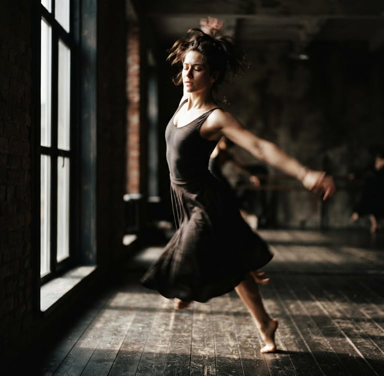 Cinematic portrait of a female contemporary dancer captured in motion blur, dramatic side-lit window casting long shadows, warm desaturated tones, high-contrast 35mm film grain.