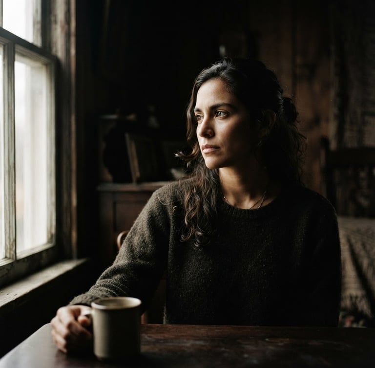 Moody cinematic portrait of Leidy Torres, dramatic natural window light, deep shadows, desaturated warm tones, high-contrast 35mm film, looking off-camera