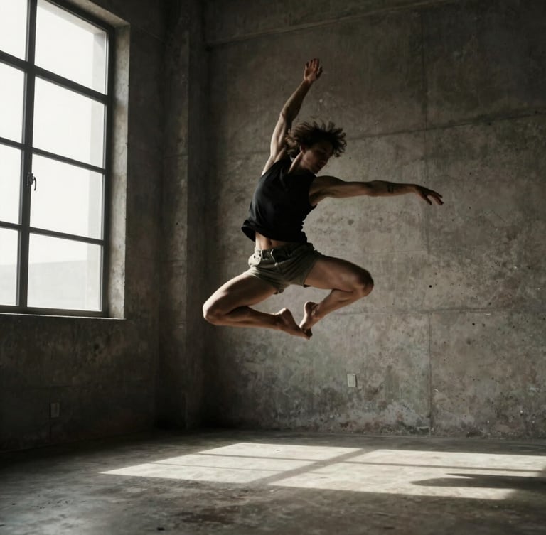 A blurred contemporary dancer in mid-air against raw concrete walls, dramatic window light, high contrast, desaturated warm tones