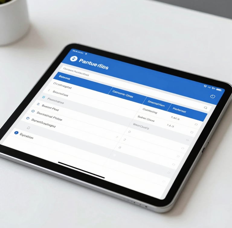 Close-up of a secure tablet displaying structured workflow charts and approval logs on a clean office desk, bright neutral lighting