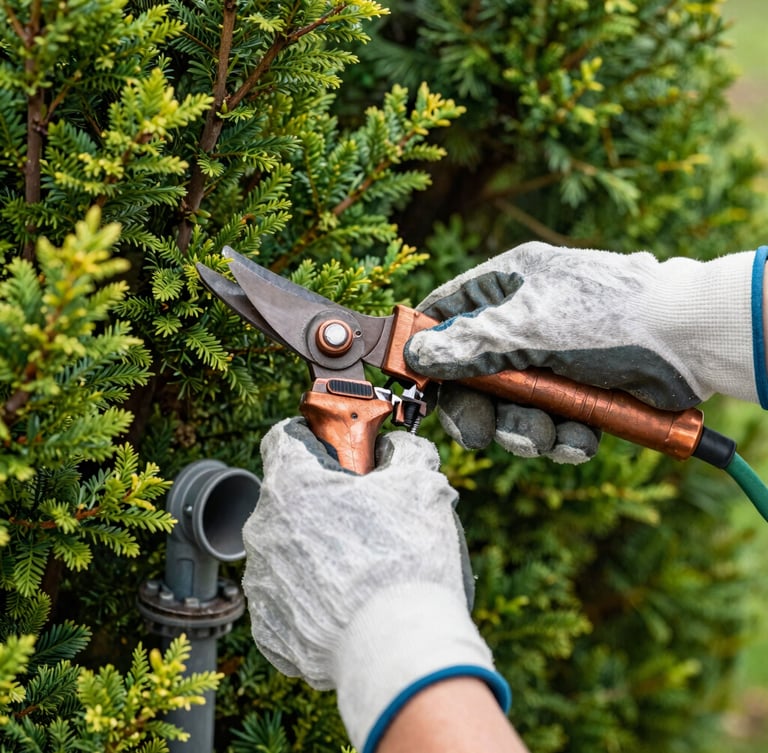 A crisp close-up of hands wearing heavy-duty gloves precisely pruning a shrub branch near a clean outdoor electrical conduit, bright morning daylight, rich forest greens, copper accents, 35mm.