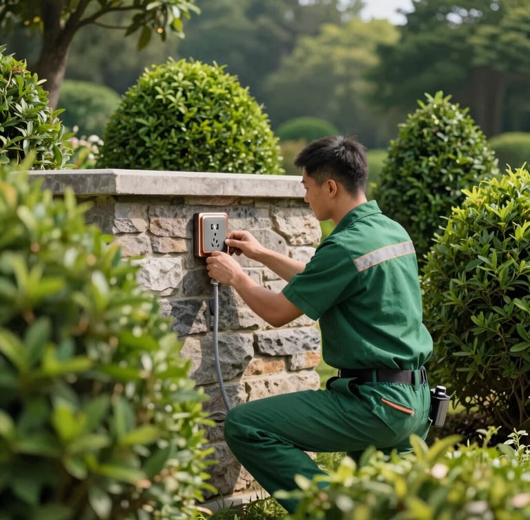 A licensed electrician in a forest green uniform installing a sleek outdoor power outlet on a stone wall, surrounded by perfectly pruned shrubs under bright morning light, 35mm.
