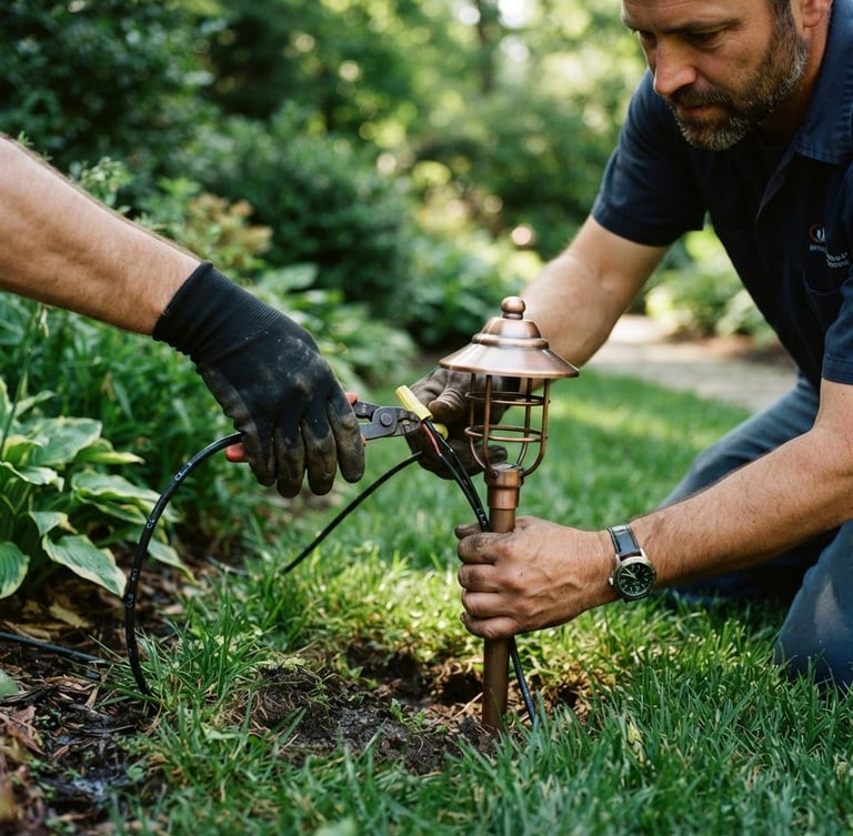 Close-up of a professional electrician wiring a copper-accented outdoor landscape lighting fixture in a lush green lawn, bright morning daylight, 35mm