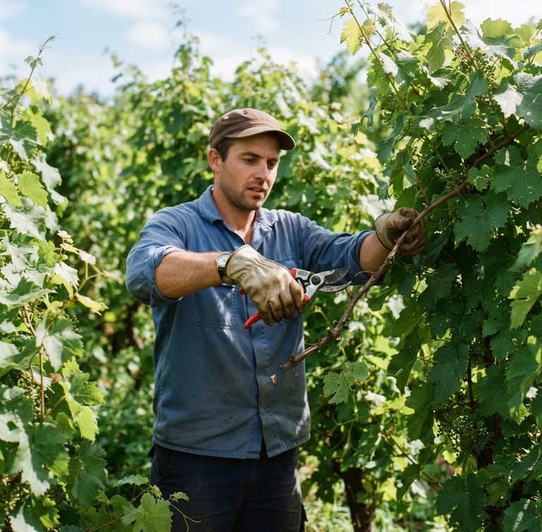 Medium shot of a worker pruning branches with commercial shears in bright morning sunlight, clean cuts, forest green foliage, 35mm