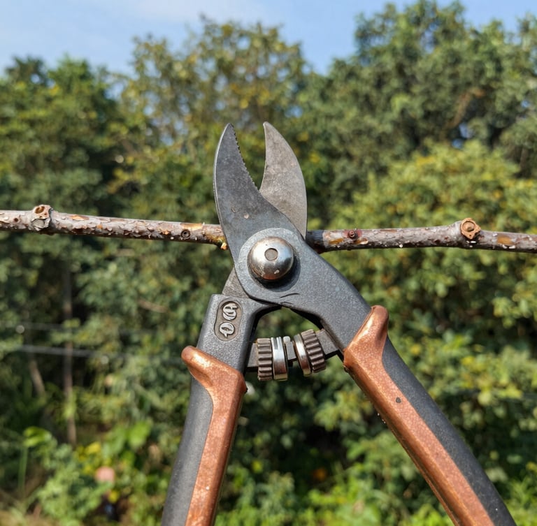 Close-up of insulated pruning tools cutting branches near a residential overhead power line, bright morning daylight, sharp focus, 35mm