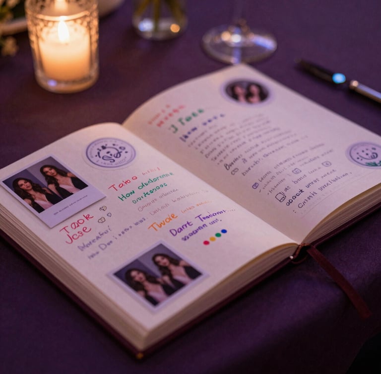 An open guestbook at a wedding reception, filled with photo booth strips, colorful hand-written messages, and custom stickers, warm ambient event lighting
