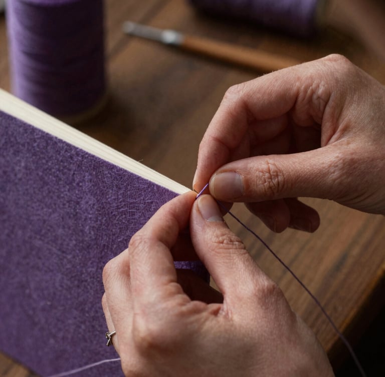 Moody close-up of a woman's hands carefully sewing a book spine with thick linen thread, warm low-key workshop lighting, textured amethyst paper visible, 35mm macro lens.