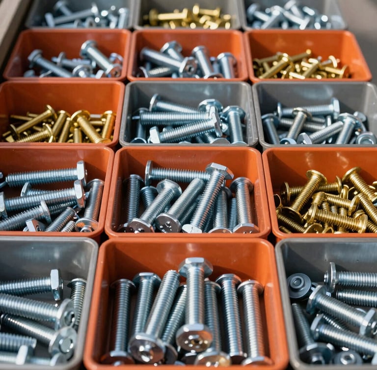 Clean industrial photography, bright natural daylight, straight-on view of organized bins containing heavy-duty steel bolts and brass fasteners, high-contrast steel and orange tones, sharp focus, 35mm.