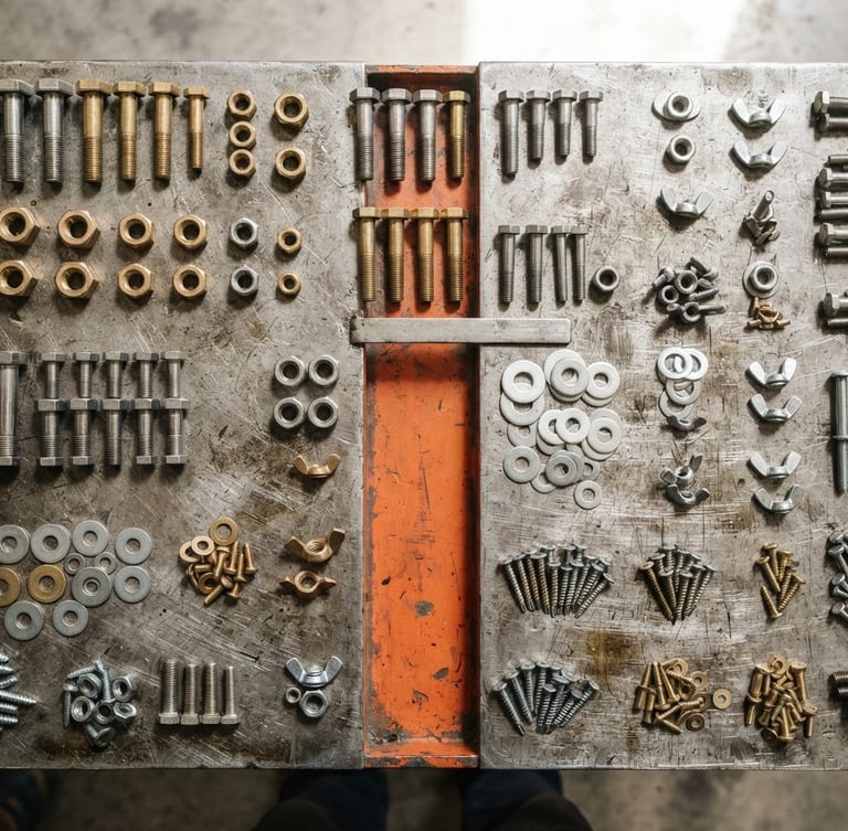 Top-down flat lay of heavy-duty brass and steel fasteners organized on a metal workbench, bright natural daylight mixed with high-key industrial warehouse lighting, sharp focus, 35mm.