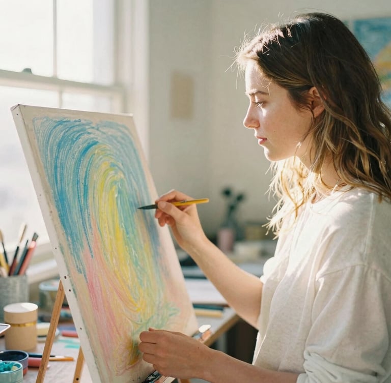 Becky Costenbader in her sunny California studio, holding a pastel-drenched canvas, soft golden hour lighting, 35mm film aesthetic