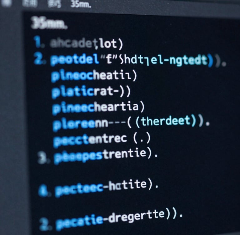 Macro close-up of a dark IDE code interface with electric blue syntax highlighting, sharp focus, cool-toned studio lighting, 35mm