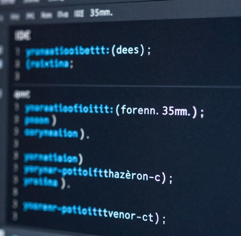 Macro close-up of a high-resolution IDE code interface on a monitor, electric blue syntax highlighting, dark charcoal background, sharp focus, cool-toned studio lighting, 35mm