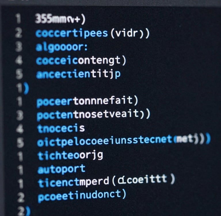 Macro close-up of clean IDE code interface with electric blue syntax highlighting on a dark screen, sharp focus, 35mm